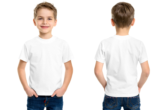 a smiling young boy from the front and from behind